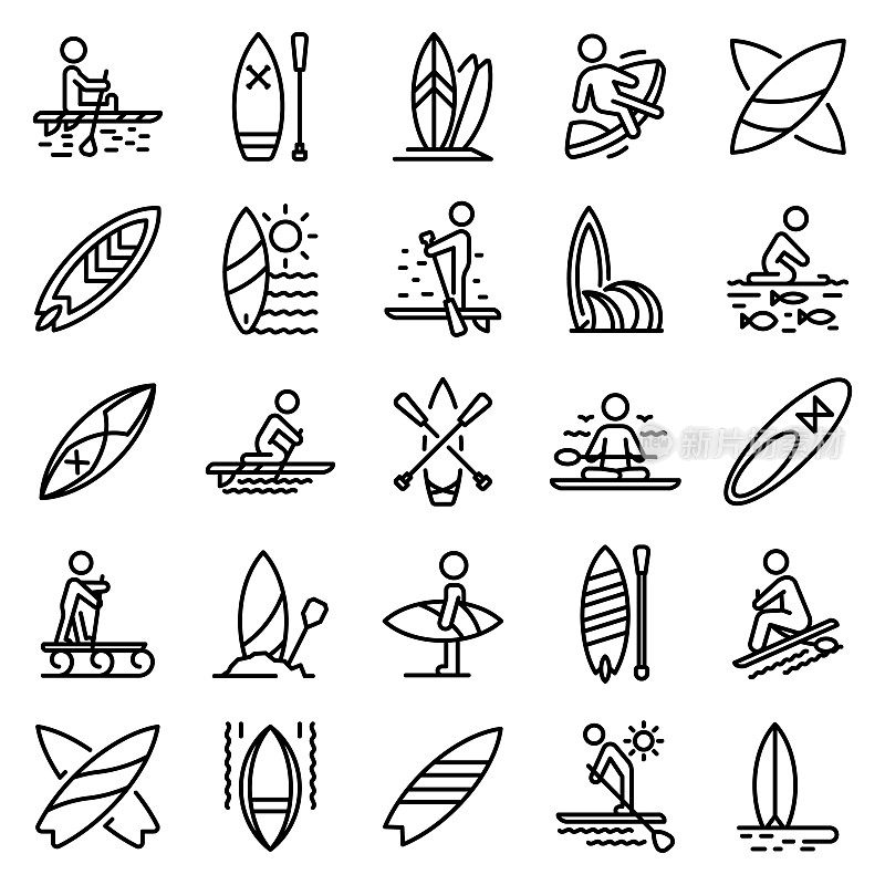 Sup surfing icons set, outline style